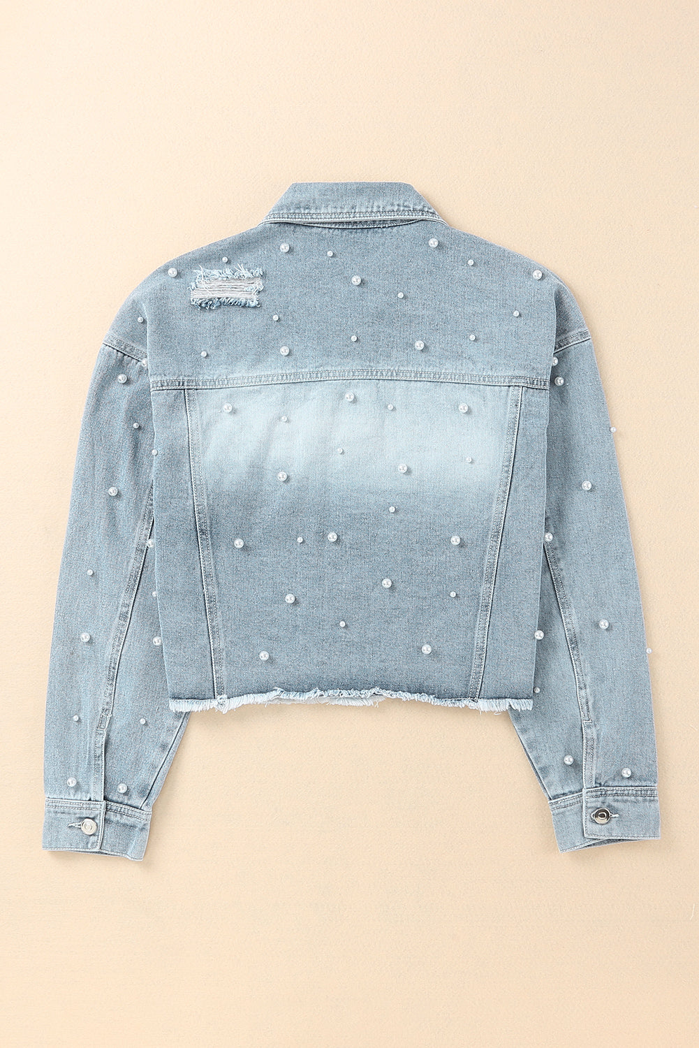 Sweet Sky Blue Pearls Beading Cropped Denim Jacket | Ginger Bear Boutique