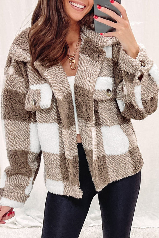 Khaki Plaid Buttoned Collared Sherpa Jacket | Ginger Bear Boutique