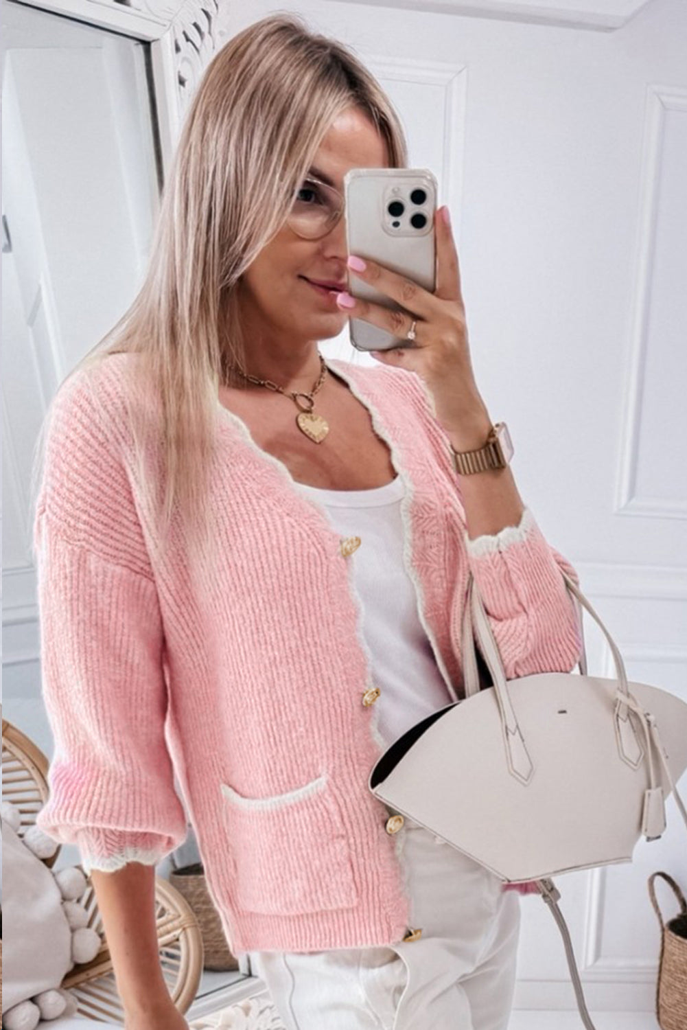 Sweet and Soft Pink Ribbed Knit Scalloped Edge Cardigan | Ginger Bear Boutique