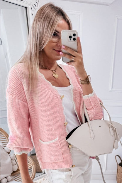 Sweet and Soft Pink Ribbed Knit Scalloped Edge Cardigan | Ginger Bear Boutique