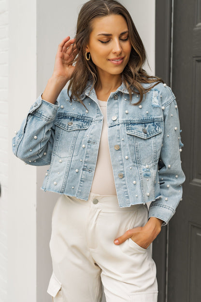 Sweet Sky Blue Pearls Beading Cropped Denim Jacket | Ginger Bear Boutique