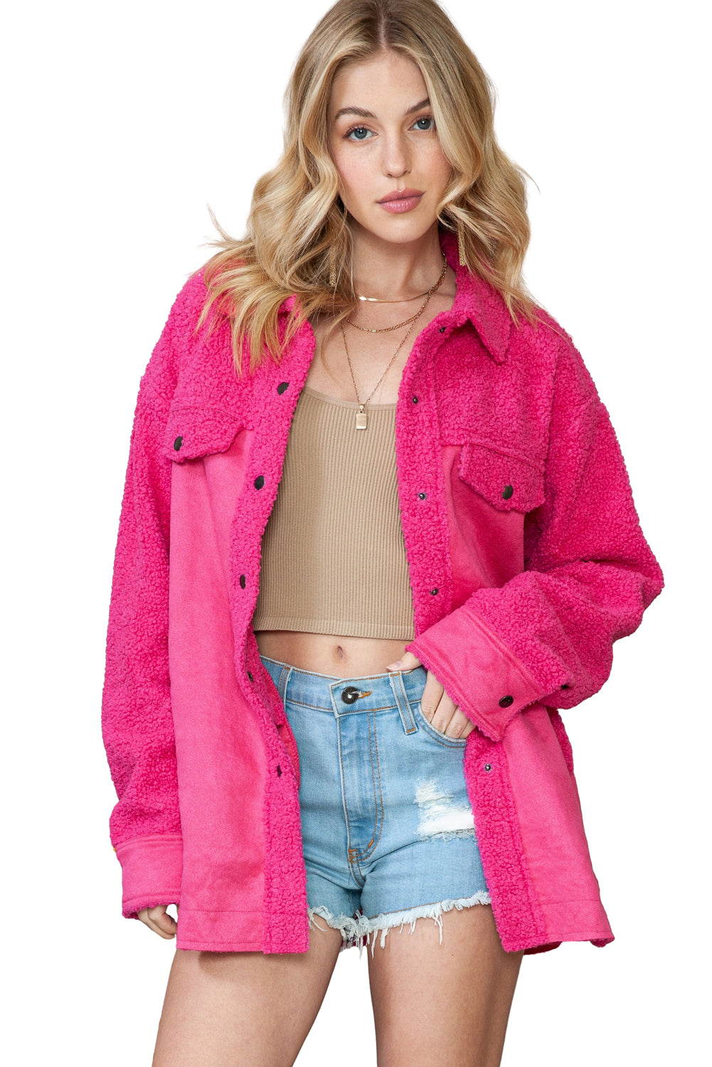 Rosy Faux Suede Sherpa Patchwork Button Up Jacket | Ginger Bear Boutique