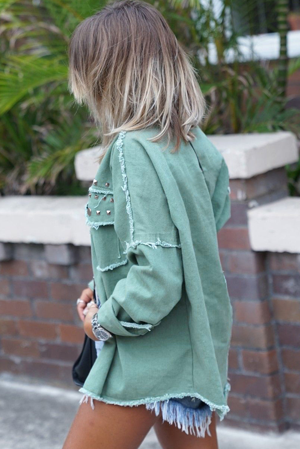 Vintage Green Frayed Trim Denim Jacket | Ginger Bear Boutique