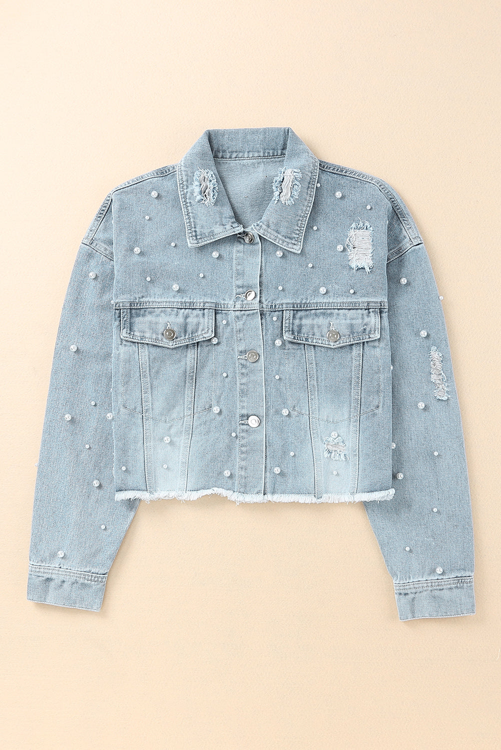 Sweet Sky Blue Pearls Beading Cropped Denim Jacket | Ginger Bear Boutique