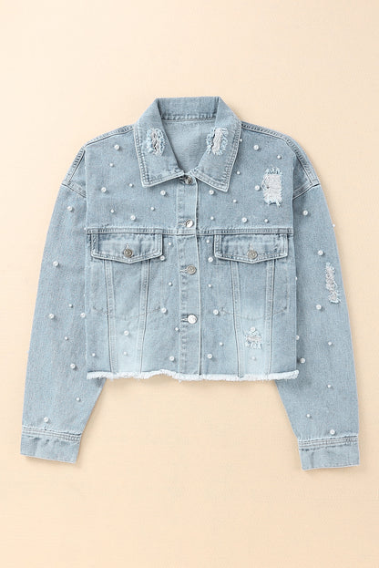 Sweet Sky Blue Pearls Beading Cropped Denim Jacket | Ginger Bear Boutique