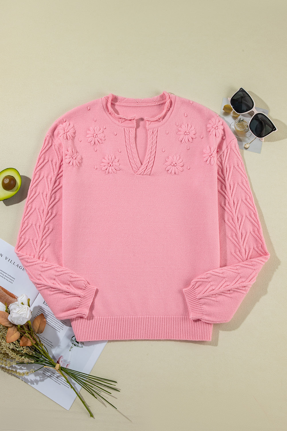 Peach Blossom Flower Pattern Knitted Notched Neck Sweater | Ginger Bear Boutique