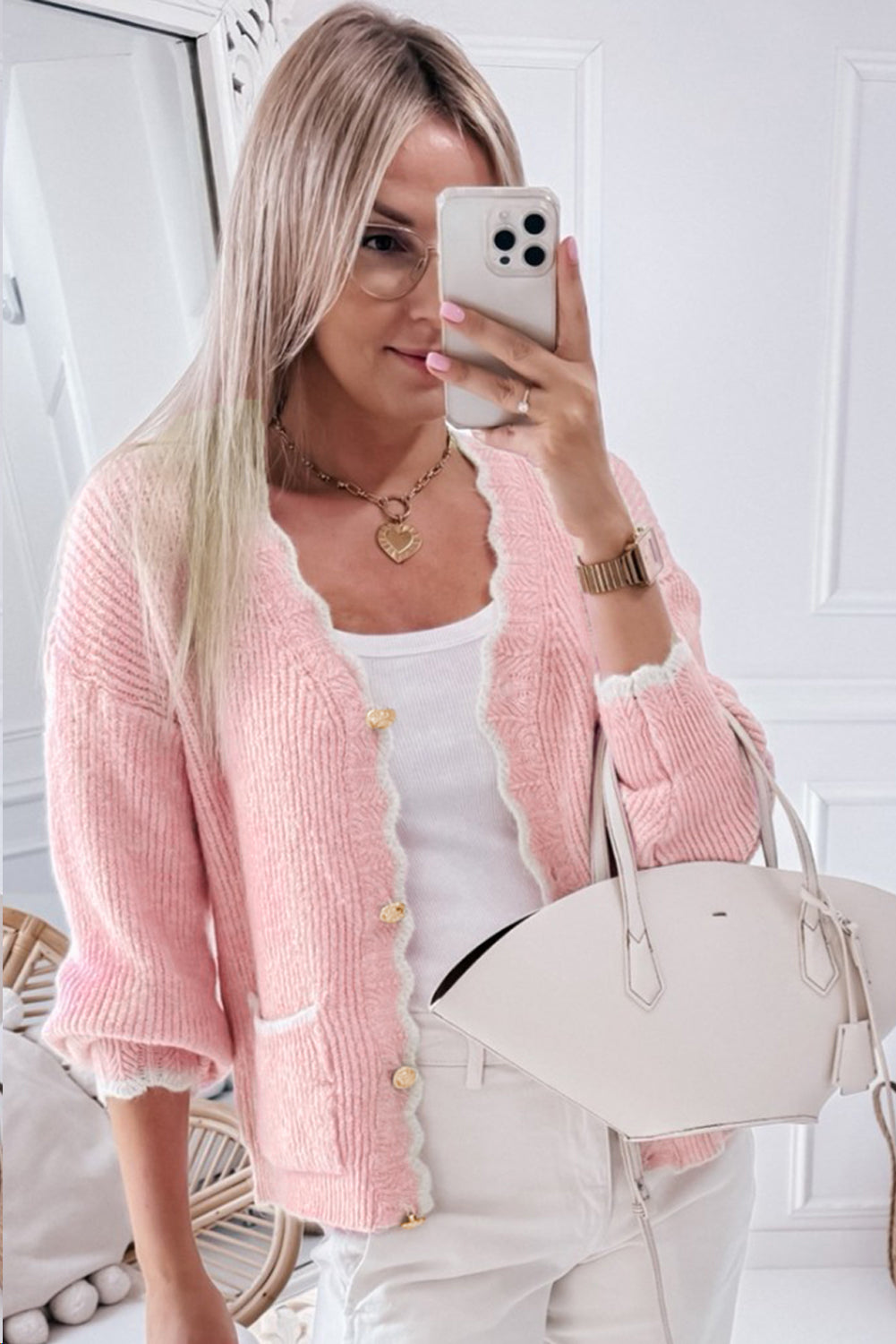 Sweet and Soft Pink Ribbed Knit Scalloped Edge Cardigan | Ginger Bear Boutique