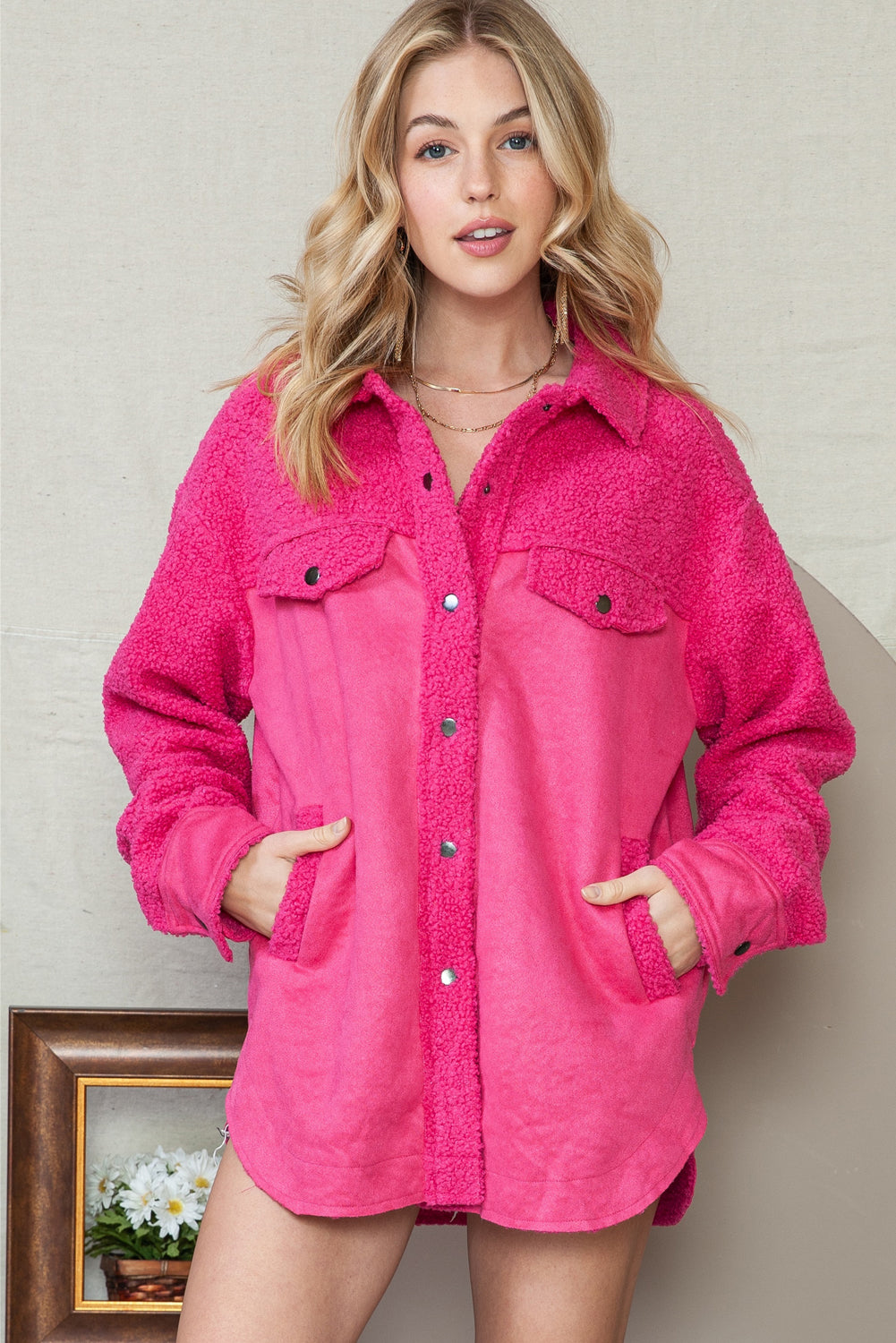 Rosy Faux Suede Sherpa Patchwork Button Up Jacket | Ginger Bear Boutique