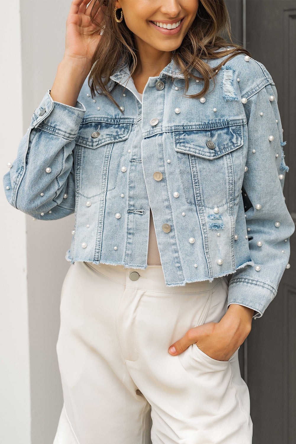 Sweet Sky Blue Pearls Beading Cropped Denim Jacket | Ginger Bear Boutique