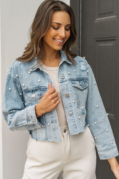 Sweet Sky Blue Pearls Beading Cropped Denim Jacket | Ginger Bear Boutique