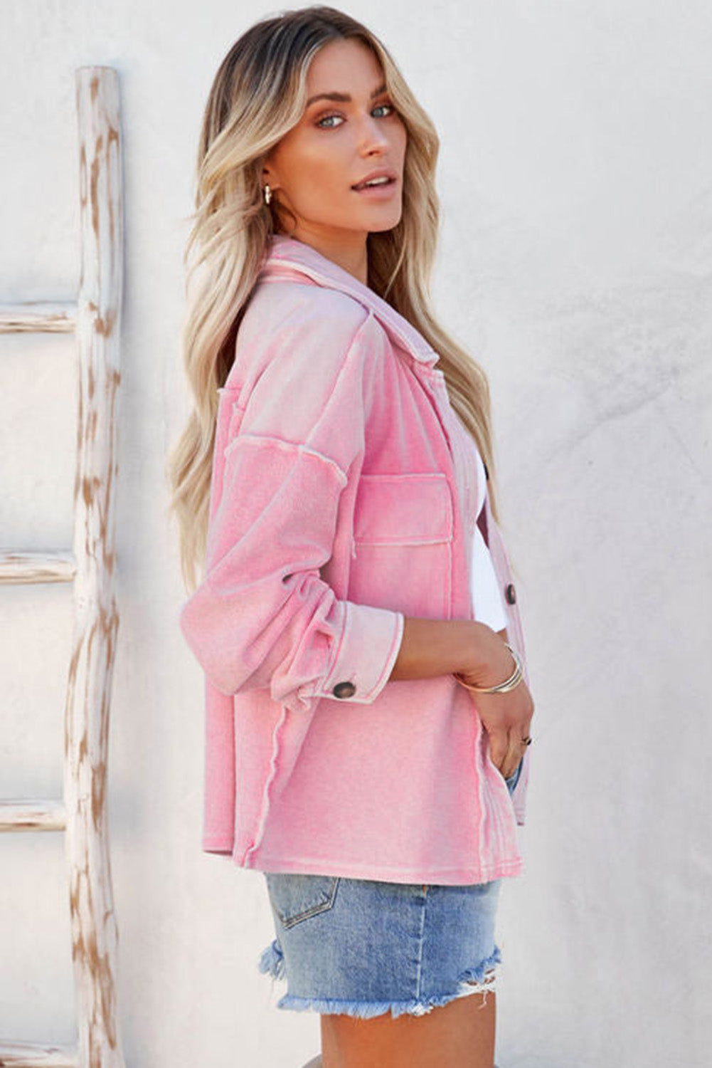 Pink Button-Up Jacket with Turn-Down Collar and Pockets | Ginger Bear Boutique