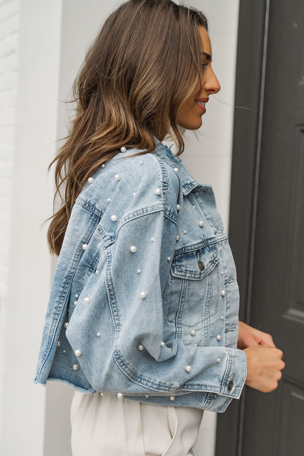 Sweet Sky Blue Pearls Beading Cropped Denim Jacket | Ginger Bear Boutique