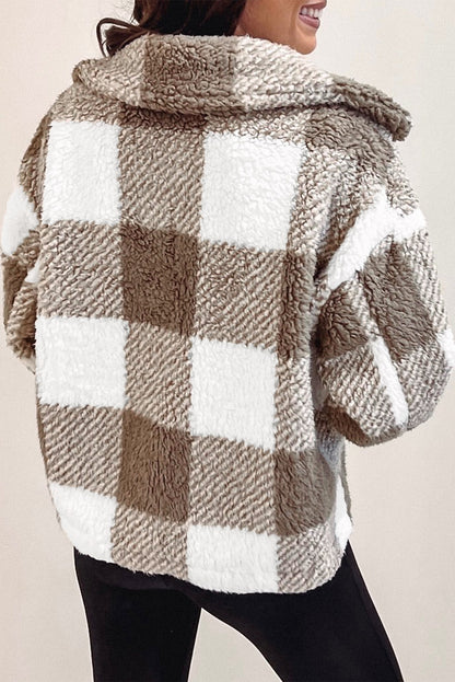 Khaki Plaid Buttoned Collared Sherpa Jacket | Ginger Bear Boutique