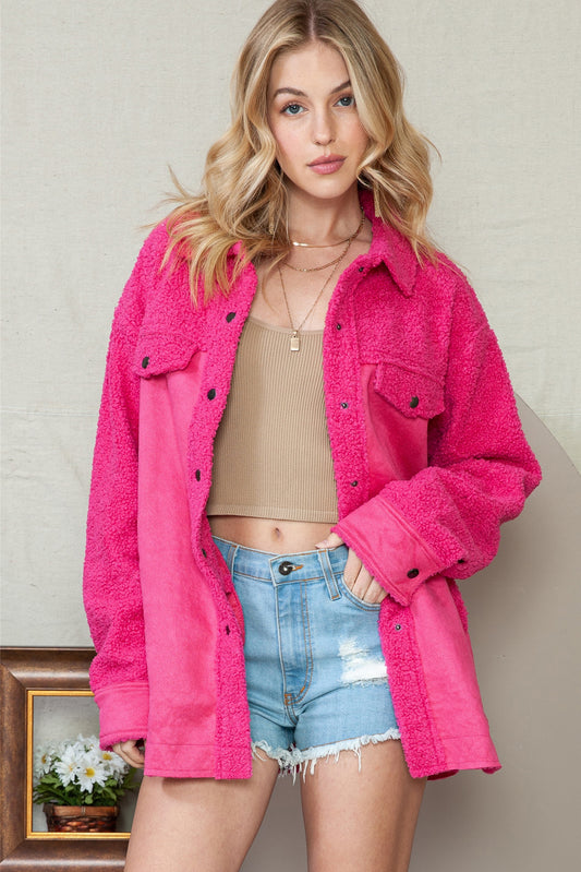 Rosy Faux Suede Sherpa Patchwork Button Up Jacket | Ginger Bear Boutique