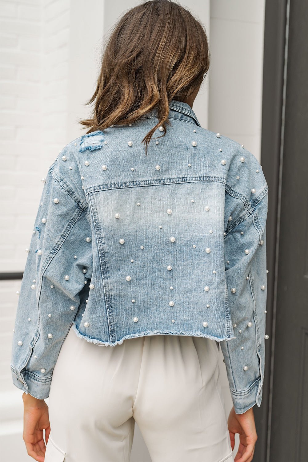 Sweet Sky Blue Pearls Beading Cropped Denim Jacket | Ginger Bear Boutique