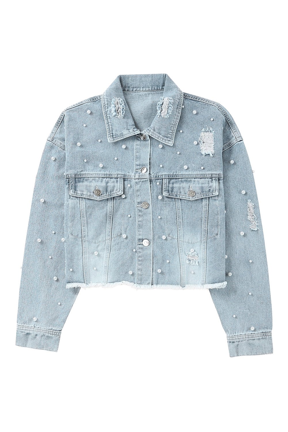 Sweet Sky Blue Pearls Beading Cropped Denim Jacket