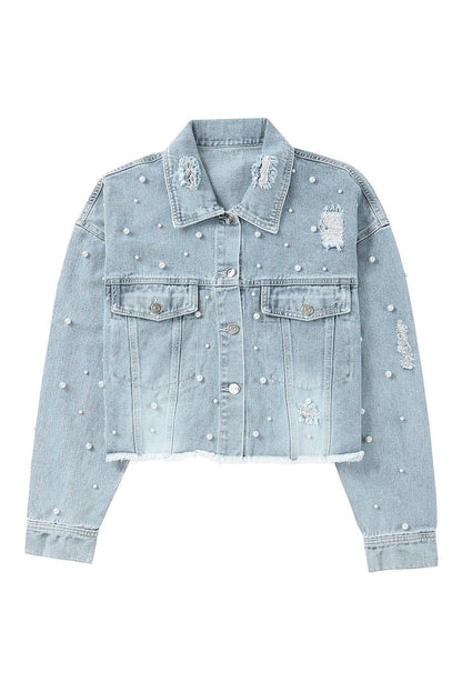 Sweet Sky Blue Pearls Beading Cropped Denim Jacket