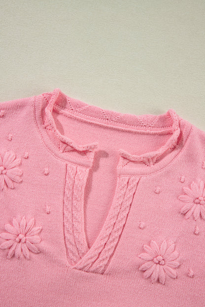 Peach Blossom Flower Pattern Knitted Notched Neck Sweater | Ginger Bear Boutique