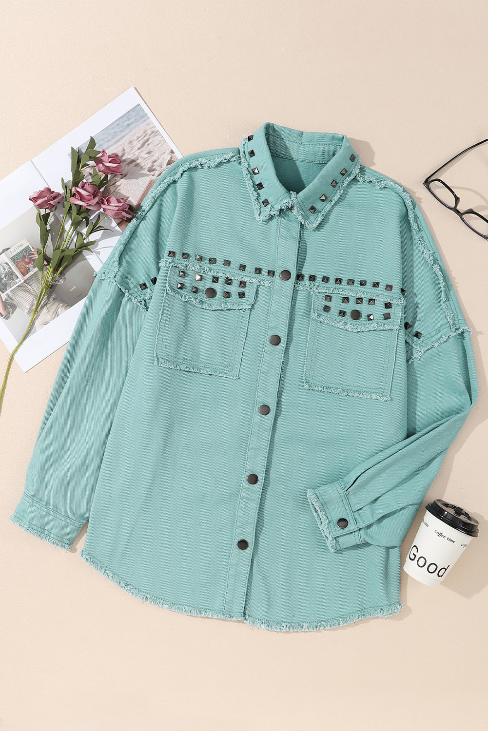 Vintage Green Frayed Trim Denim Jacket | Ginger Bear Boutique