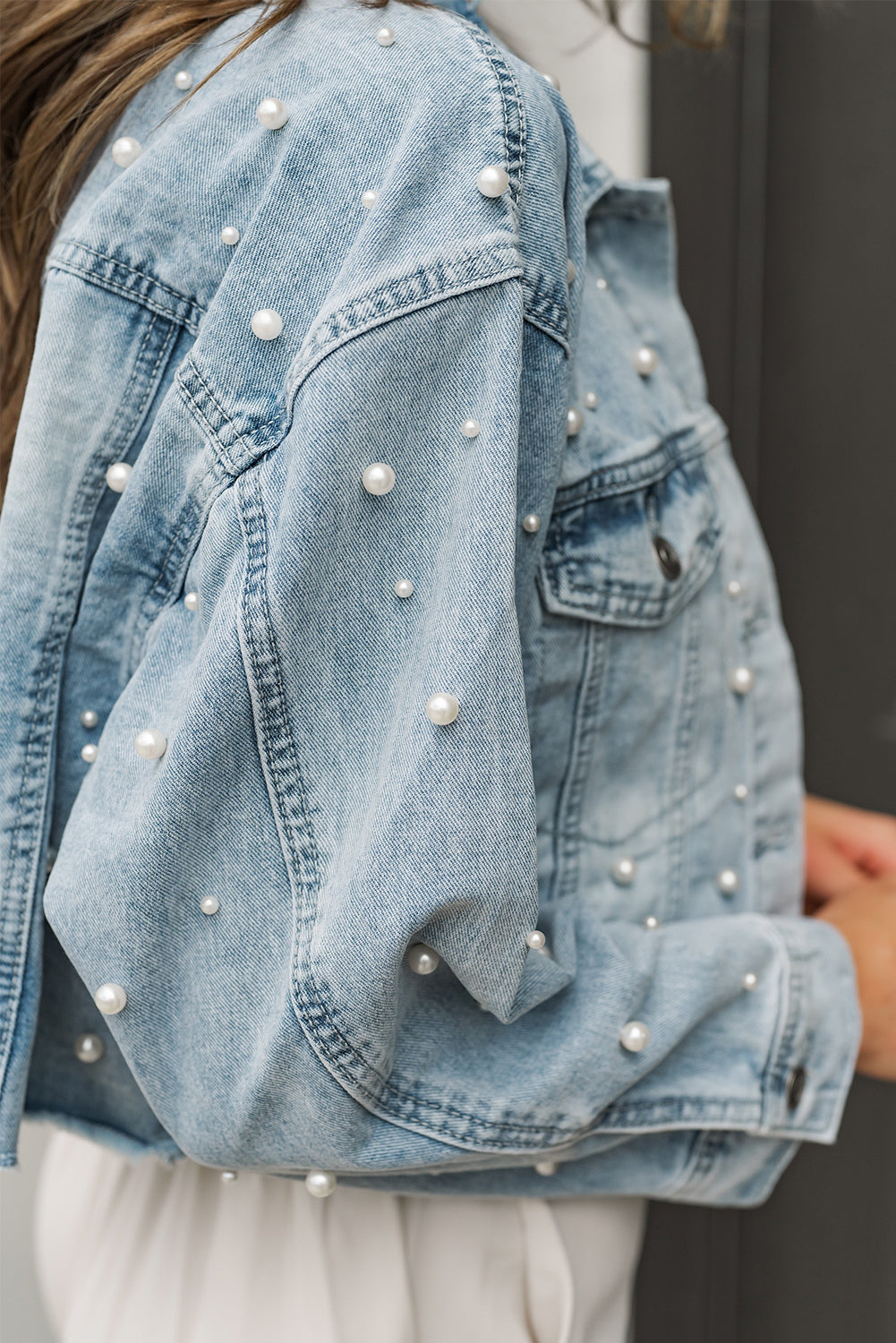 Sweet Sky Blue Pearls Beading Cropped Denim Jacket | Ginger Bear Boutique