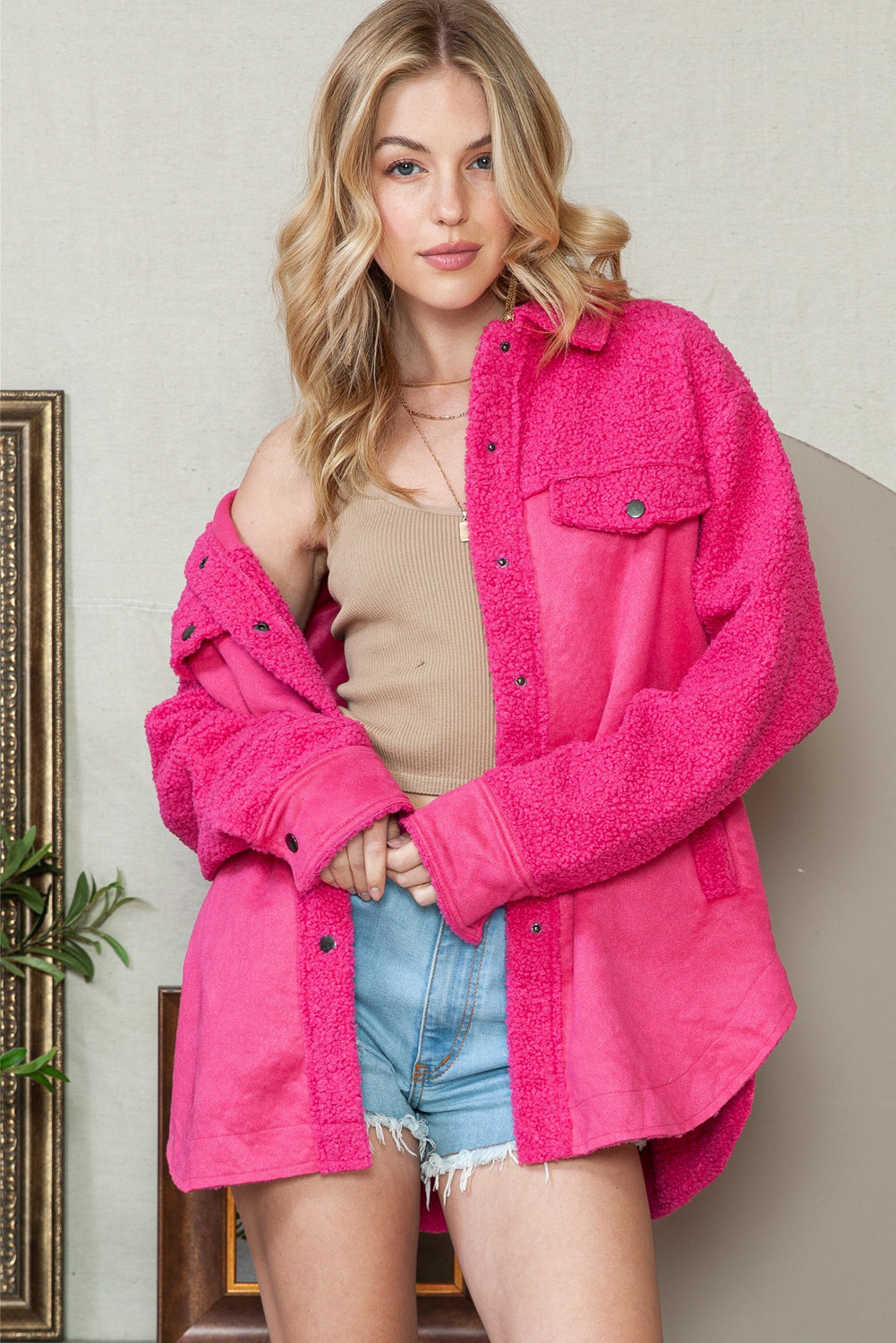 Rosy Faux Suede Sherpa Patchwork Button Up Jacket