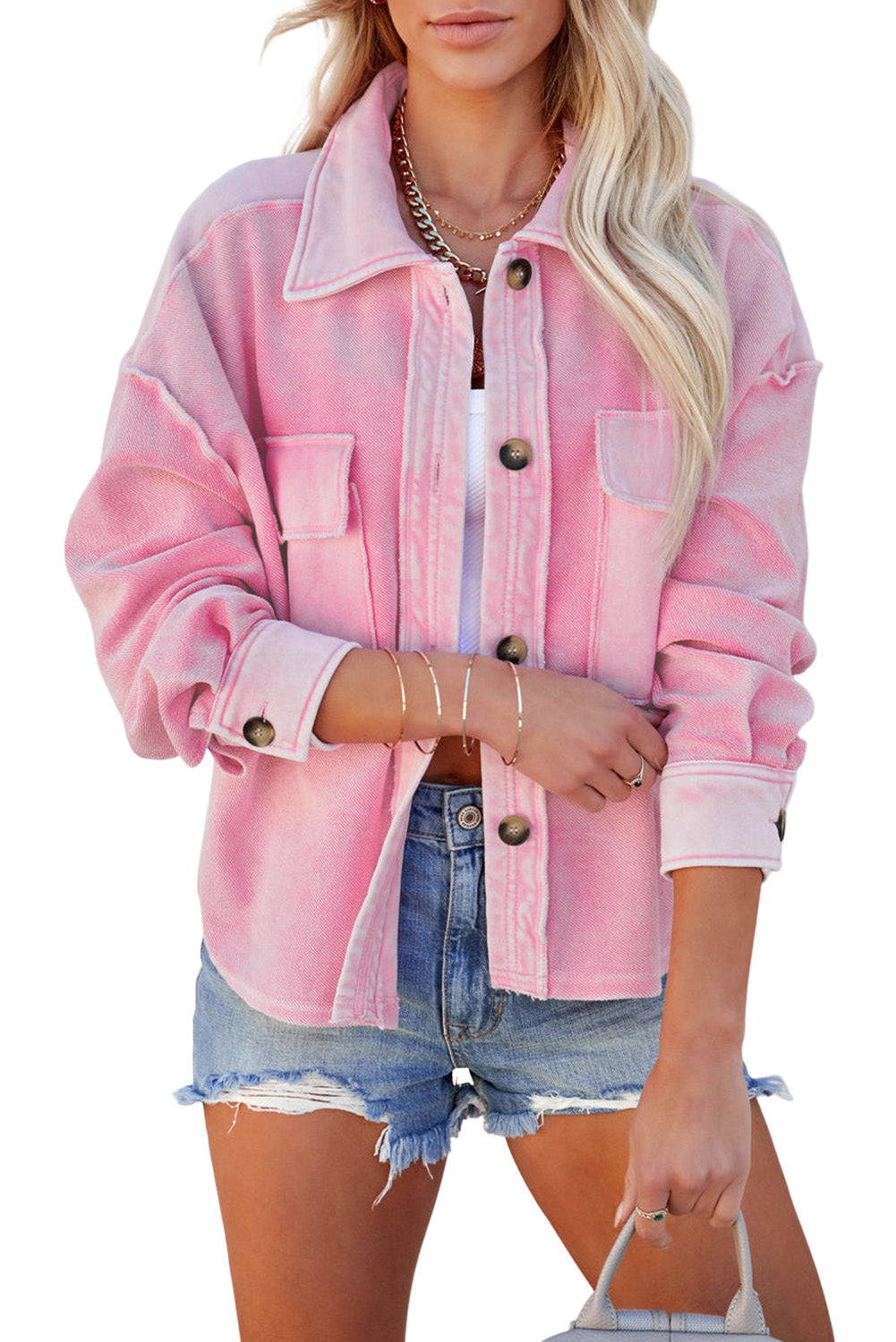 Pink Button-Up Jacket with Turn-Down Collar and Pockets