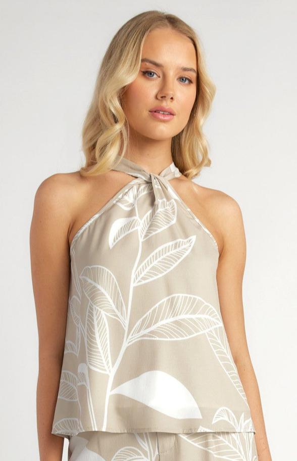 crepe  Tropic leaf print halter neck shirt